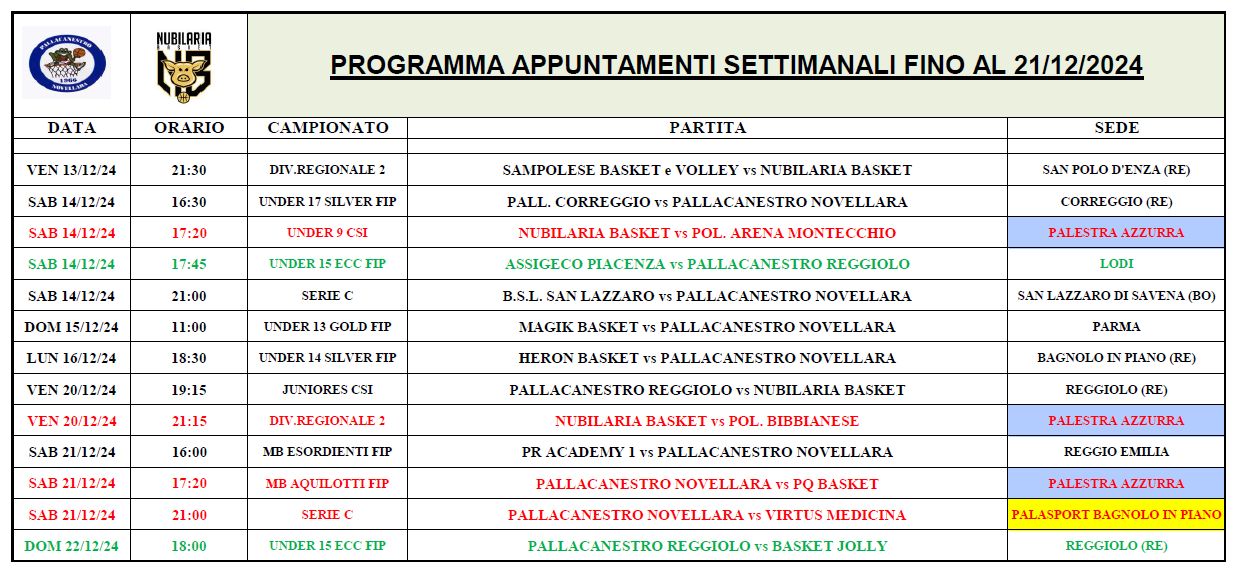 PROGRAMMA APPUNTAMENTI FINO AL 21 DIC 2024