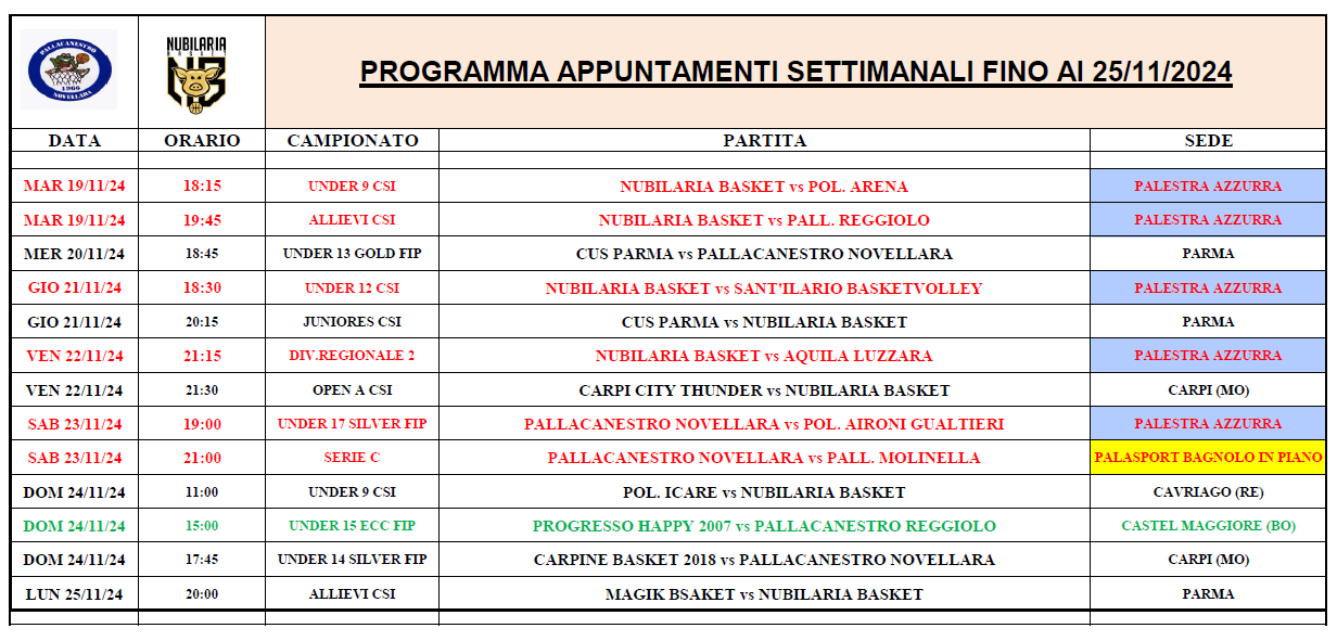 PROGRAMMA APPUNTAMENTI FINO AL 25 NOV 2024