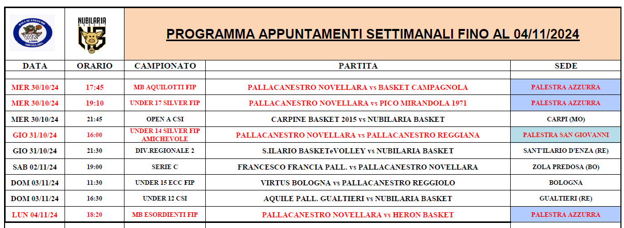 PROGRAMMA APPUNTAMENTI SETTIMANALI FINO AL 04 11 2024