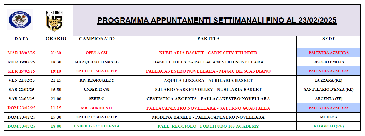 PROGRAMMA APPUNTAMENTI SETTIMANALI fino al 23 FEBB 