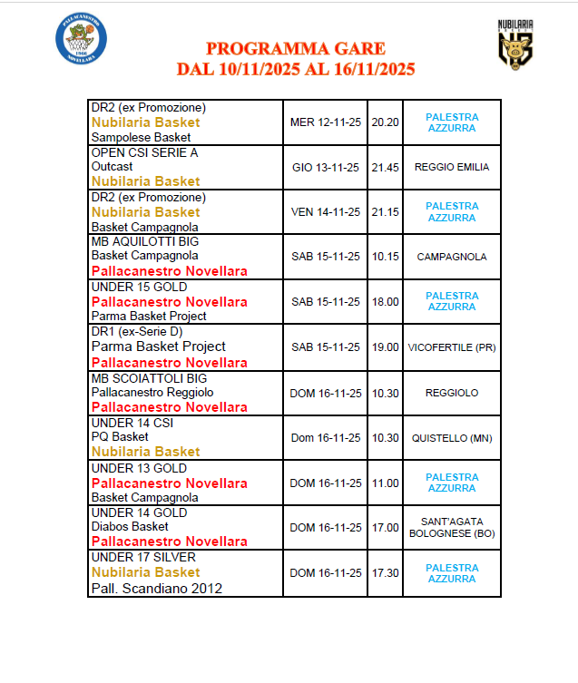 PROGRAMMA GARE FINO AL 16 NOV 2025