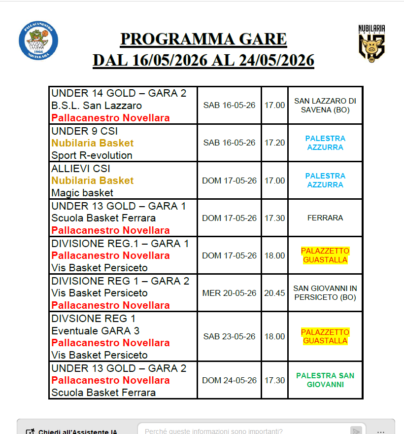 PROGRAMMA GARE FINO AL 24 MAGGIO