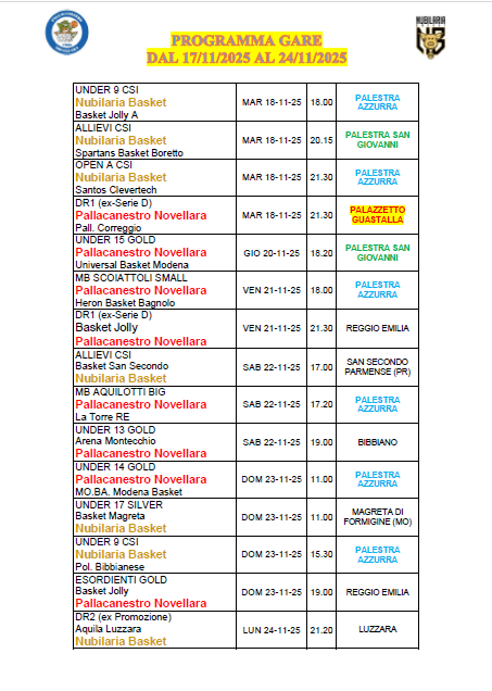 PROGRAMMA GARE FINO AL 24 NOV 2025