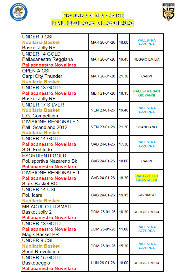 PROGRAMMA GARE FINO AL 26 01 26