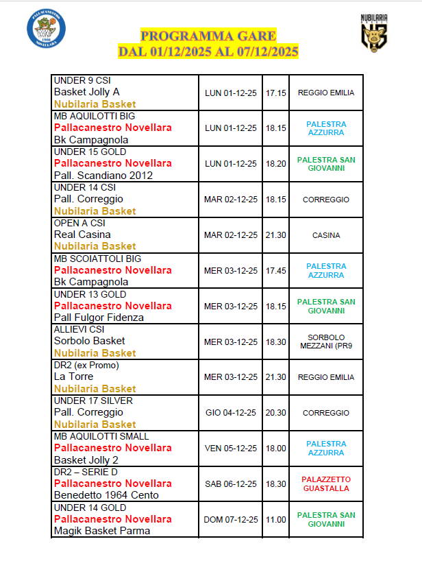 PROGRAMMA GARE FINO AL 7 DIC 2025