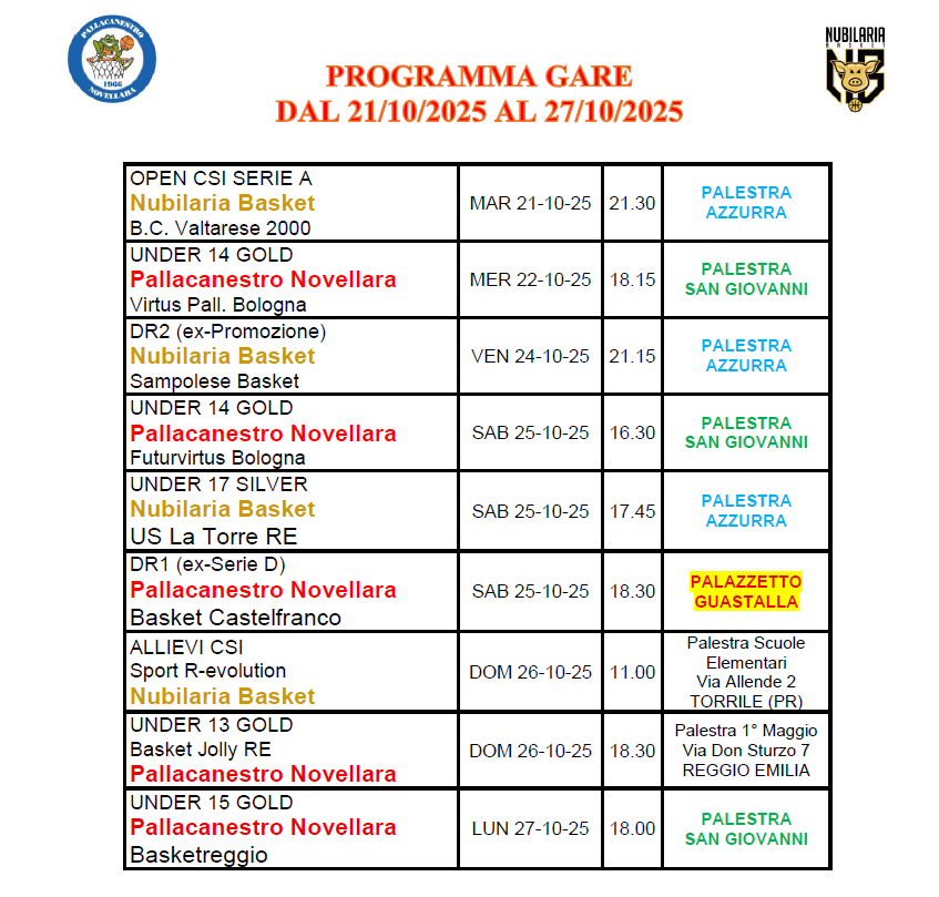 PROGRANNA GARE FINO A LUN 27 10 25