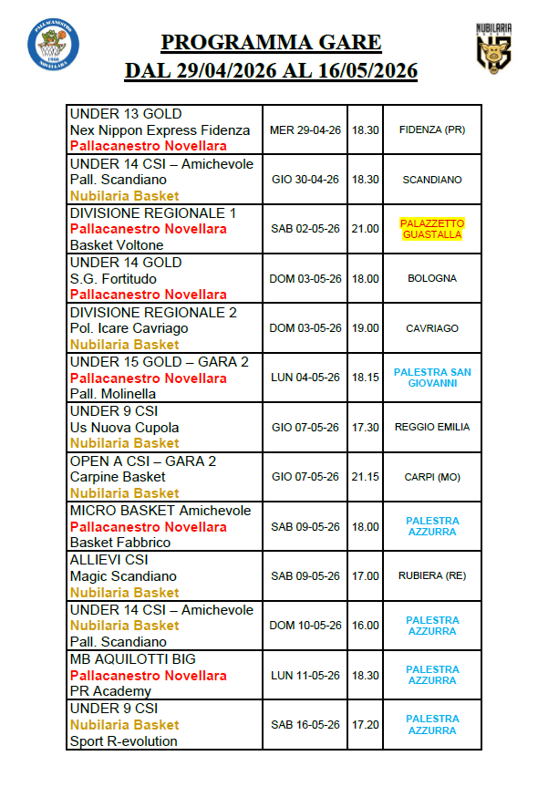 Programma gare dal 29 aprile al 16 maggio