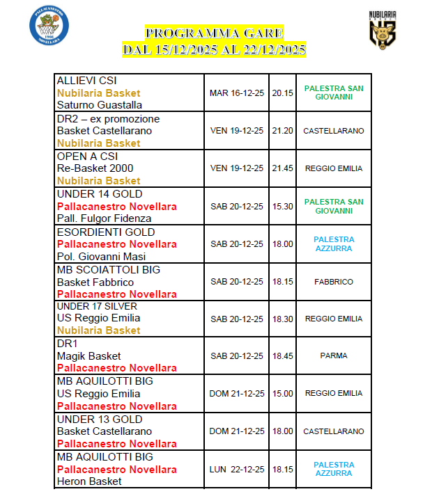 Programma gare fino al 22 12 2025